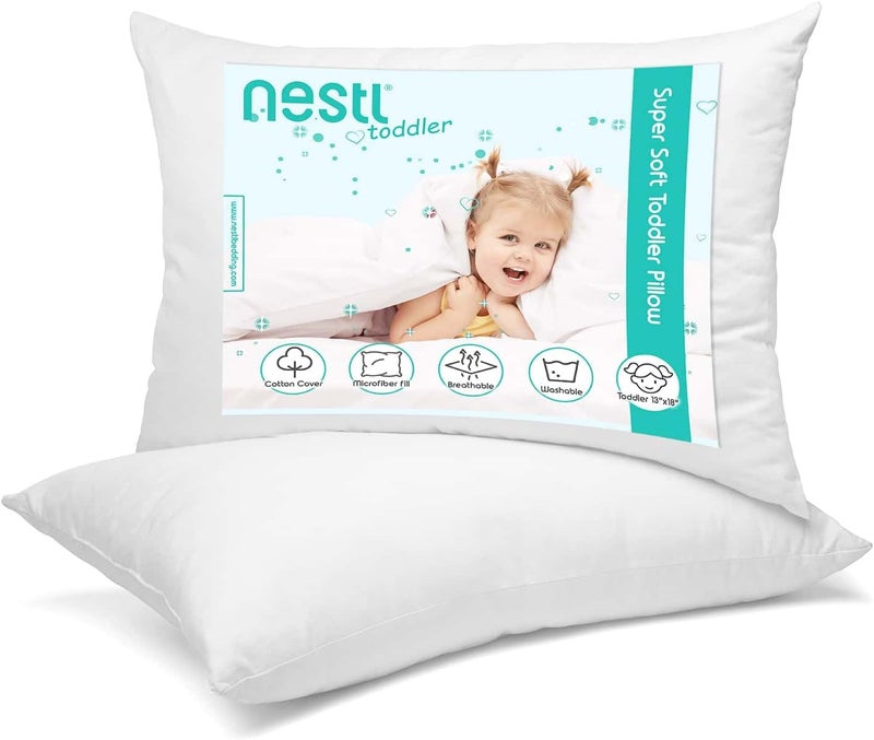 Nestlé 2 Pack Toddler Pillow for Sleeping 13 x 18, Small Kids Pillow for Travel, Car, School, Nap, & Toddler Bed, Machine Washable Soft Cotton Child 2 Year Old and Up - White - Image 1